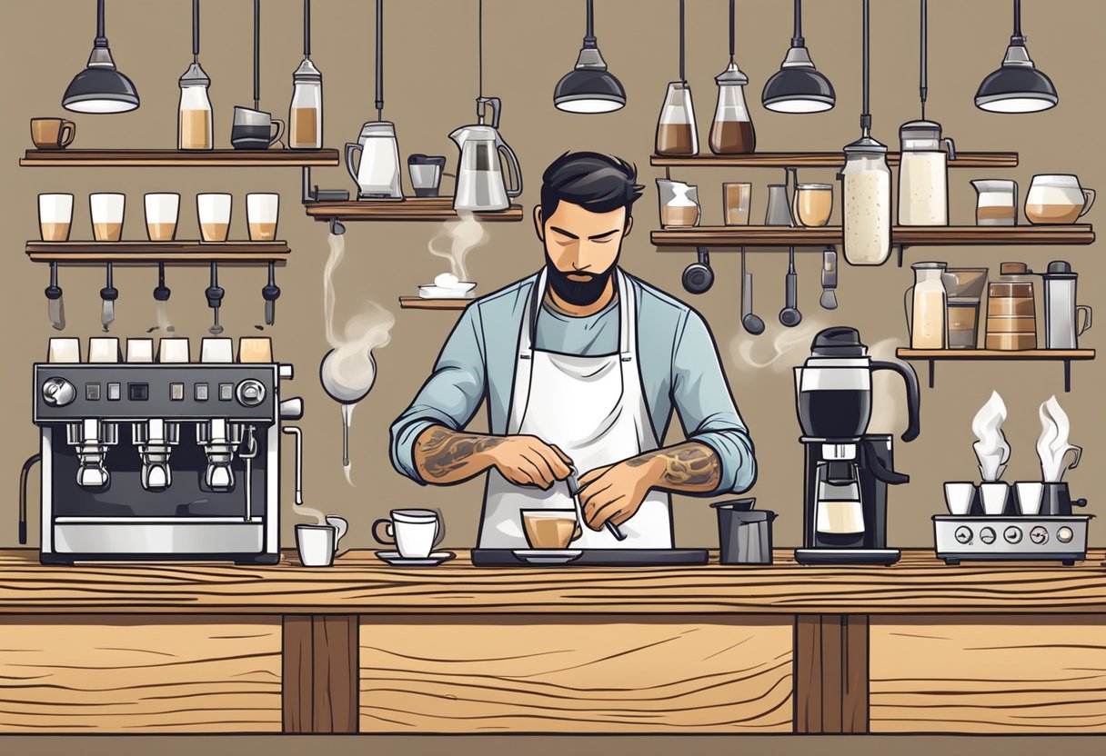 A barista prepares various milk-based espresso beverages on a wooden counter, surrounded by steaming milk pitchers, coffee cups, and espresso machines
