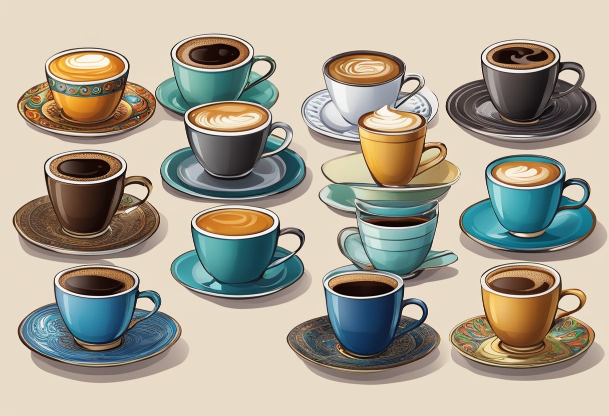 A table with various espresso drinks from different cultures, each in their unique cups and saucers, arranged in a visually appealing composition