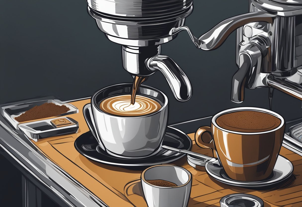 A barista carefully tamps coffee grounds into a portafilter before attaching it to an espresso machine. A stream of rich, dark espresso pours into a small cup below