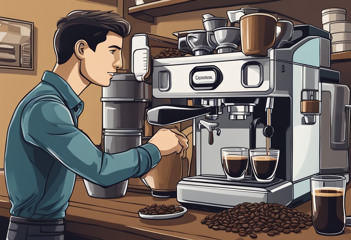 A barista carefully grinds coffee beans, tamps the grounds into a portafilter, and attaches it to an espresso machine. The machine hisses and gurgles as it extracts the rich, dark espresso into a small cup below