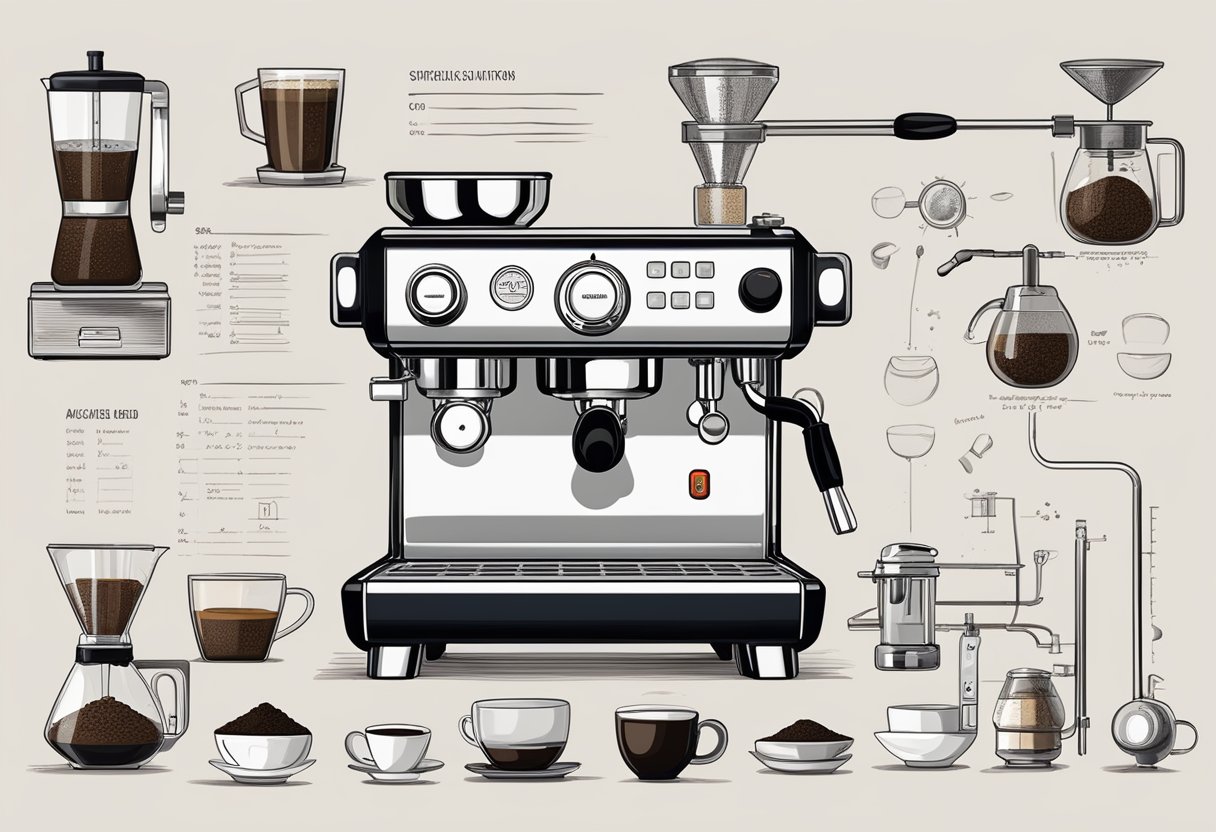 An espresso machine with steam wand, portafilter, and coffee grounds, surrounded by scientific equipment and notes