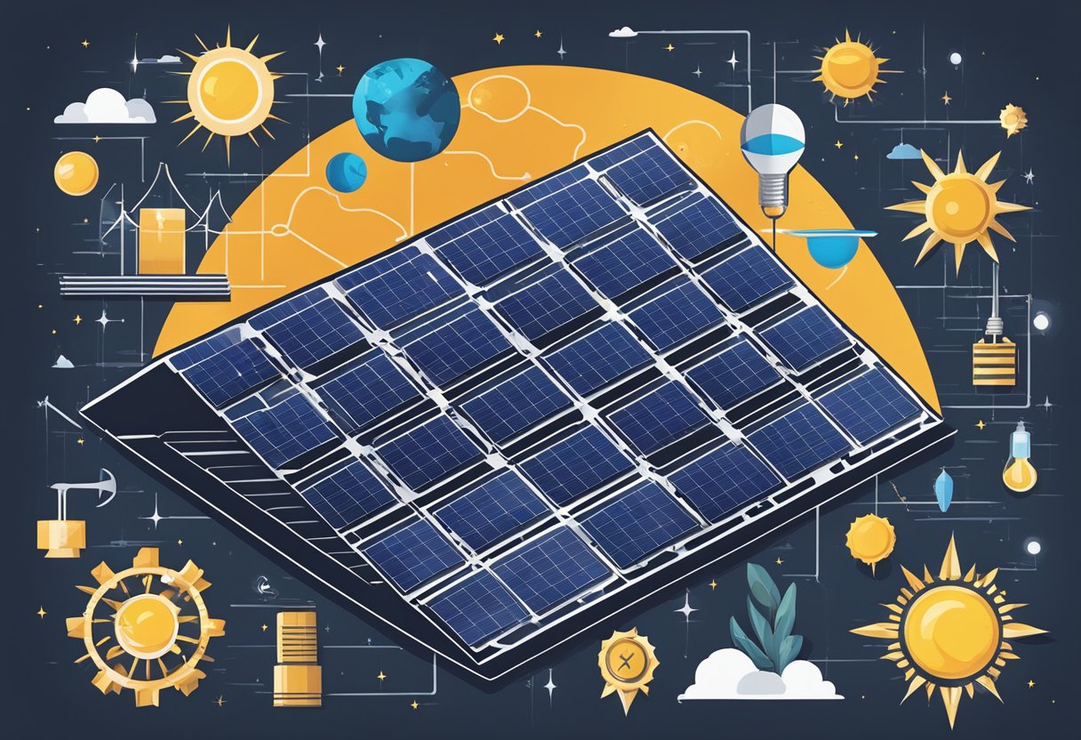 A solar panel surrounded by various symbols representing common myths and economic considerations related to solar power