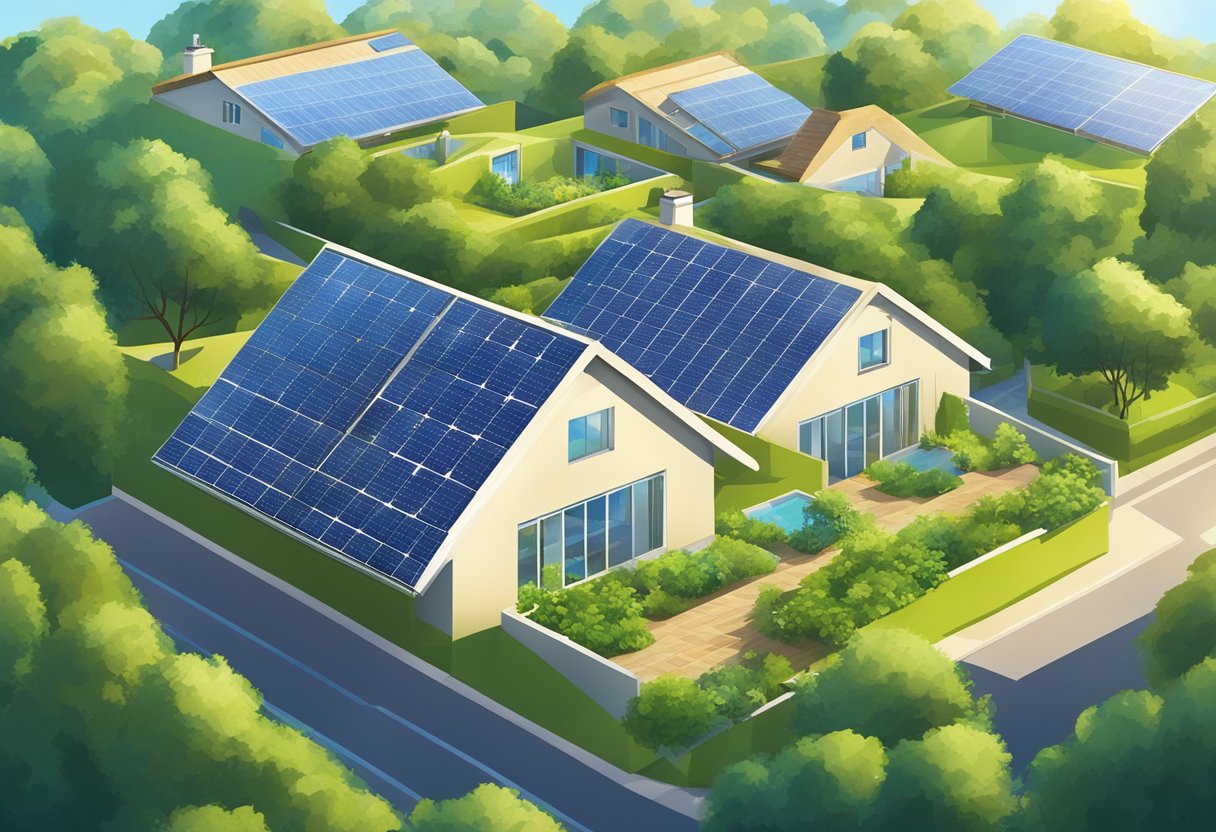 A sunny landscape with solar panels on rooftops, surrounded by lush greenery and clear blue skies