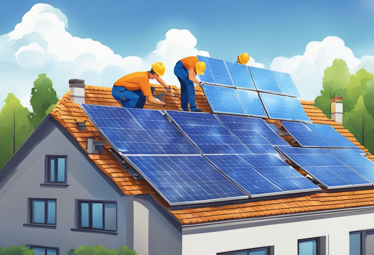 A team of workers installs and maintains solar panels on a rooftop