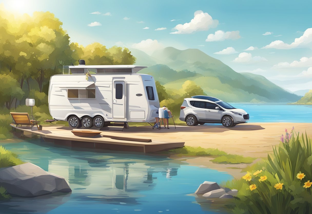 A sunny day by the water, with a recreational vehicle and a boat equipped with solar panels