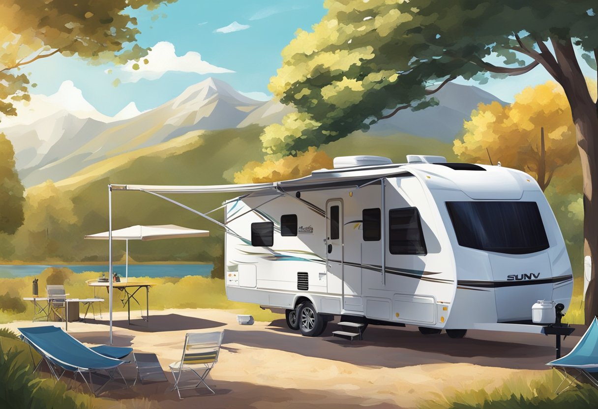 A sunny day at a campsite with an RV and a boat parked side by side, both equipped with solar panels to harness the sun's energy