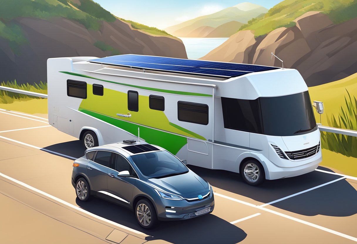 A sunny day on a boat or RV deck with solar panels and battery systems installed, charging and powering the vehicle