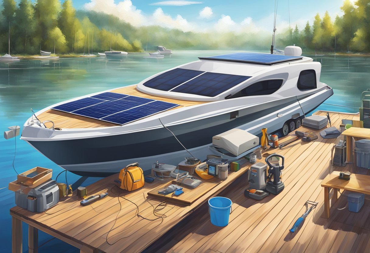 A sunny day on a dock, with a solar panel being installed on the roof of a boat, surrounded by tools and equipment