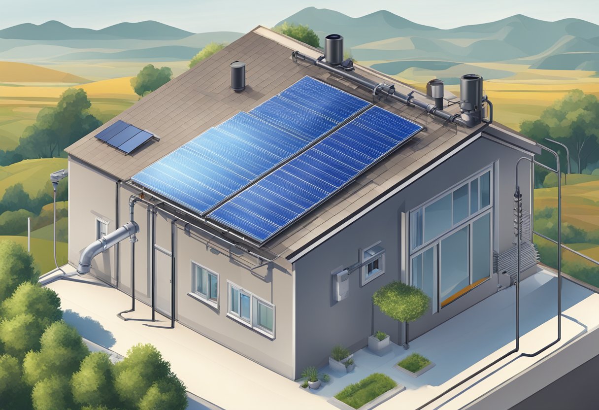 A rooftop solar water heating system with pipes and panels