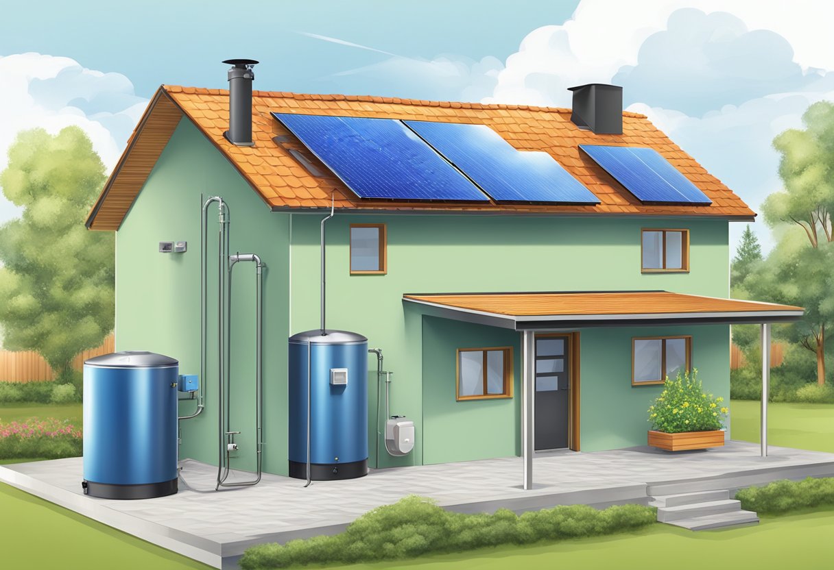 A rooftop solar water heating system with flat-plate collectors and a storage tank, connected to the household's water supply