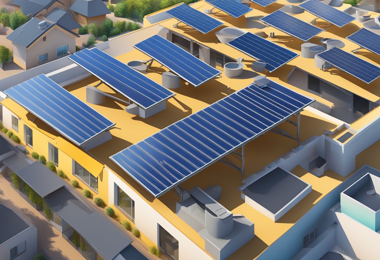 A variety of solar collectors, including flat plate and evacuated tube models, installed on rooftops and soaking up the sun's energy