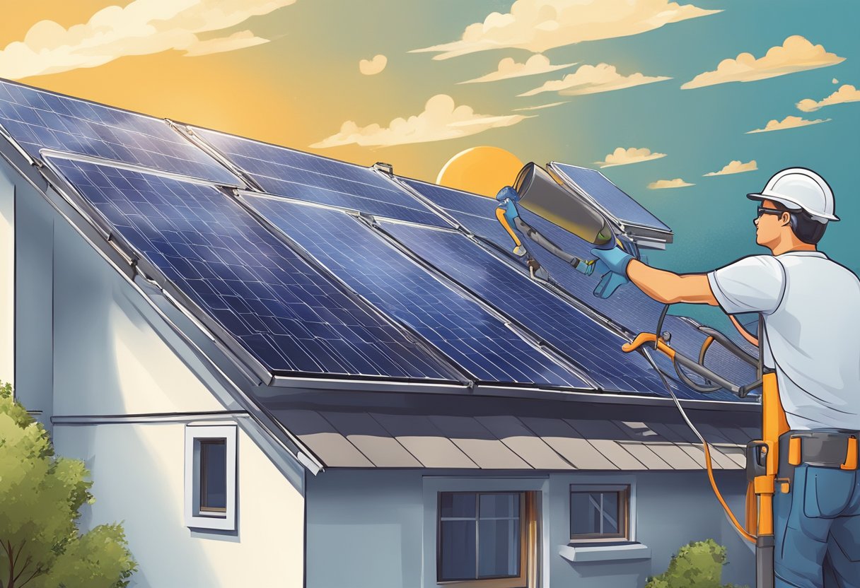 A technician installs solar water heating panels on a rooftop