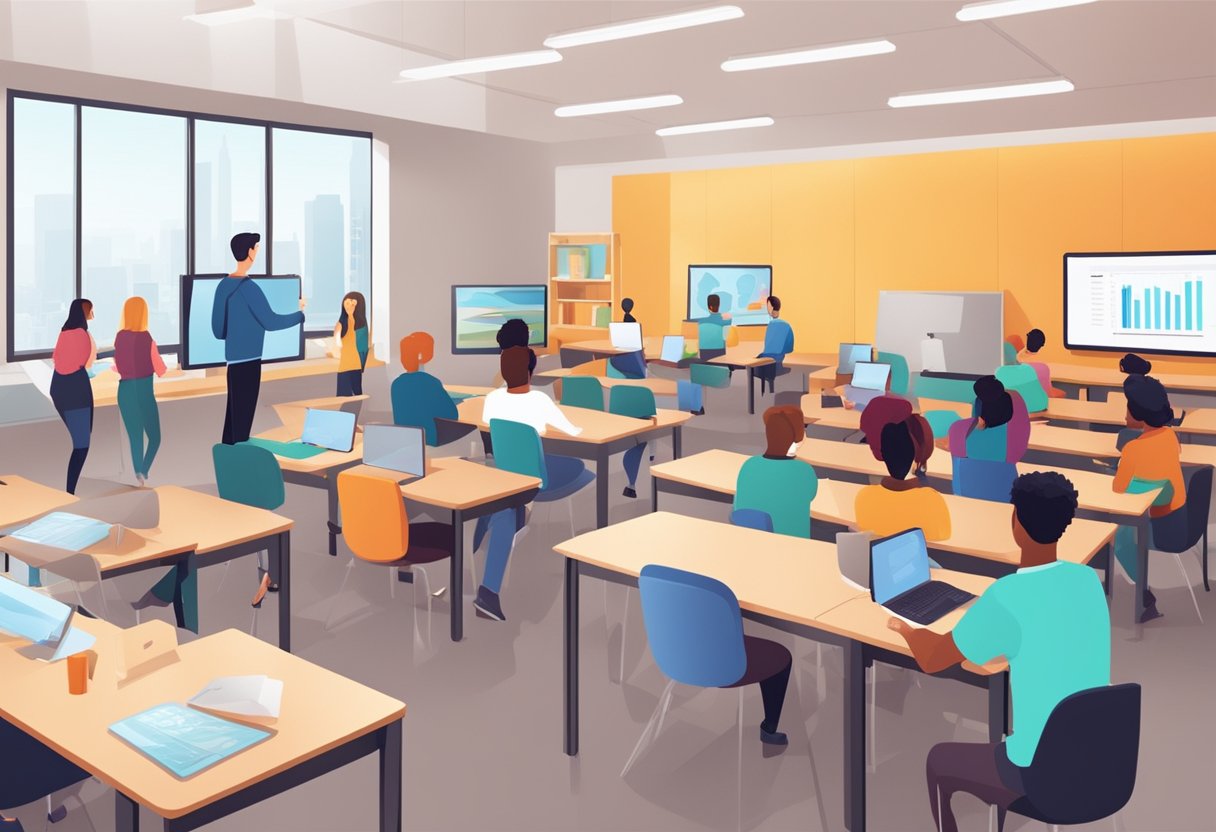 A classroom setting with students engaging with AI technology, such as interactive screens or virtual assistants, in an educational environment