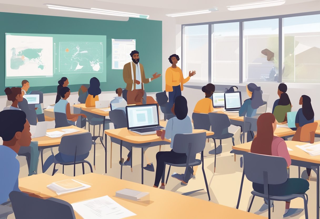 A classroom setting with diverse students collaborating on AI projects, while a teacher discusses ethical considerations