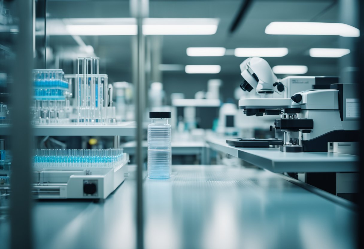 A laboratory setting with DNA strands and gene sequencing equipment