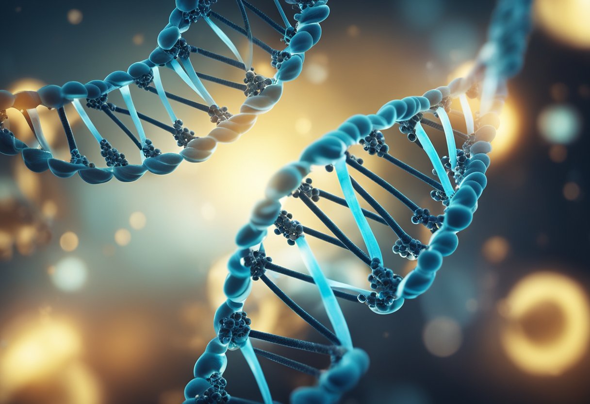 A DNA double helix unwinds, revealing genetic markers for hair loss. Nearby, epigenetic tags are shown altering gene expression