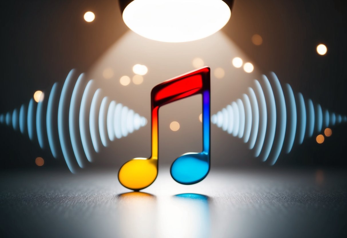 A colorful music note surrounded by sound waves and a spotlight