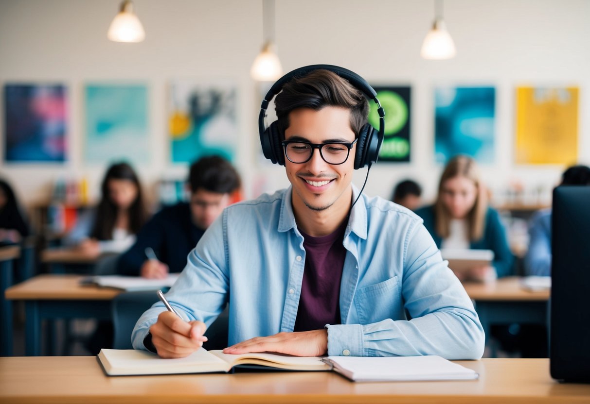 A student sitting at a desk with headphones on, studying and listening to music on Spotify Premium