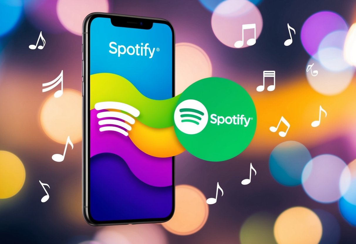 A colorful Spotify Ad Studio banner displayed on a digital device with music notes floating around it