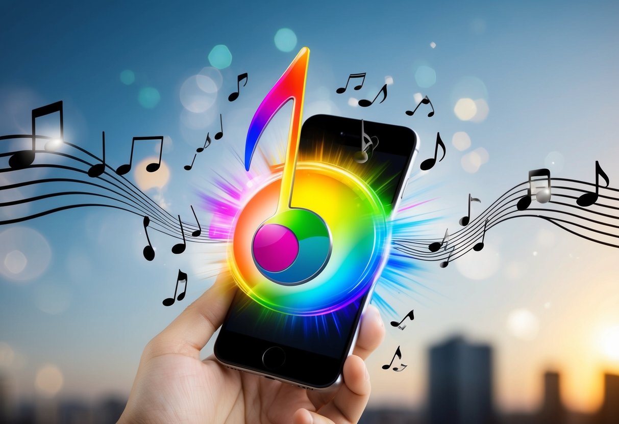 A colorful music note bursting out of a smartphone, surrounded by sound waves and streaming symbols