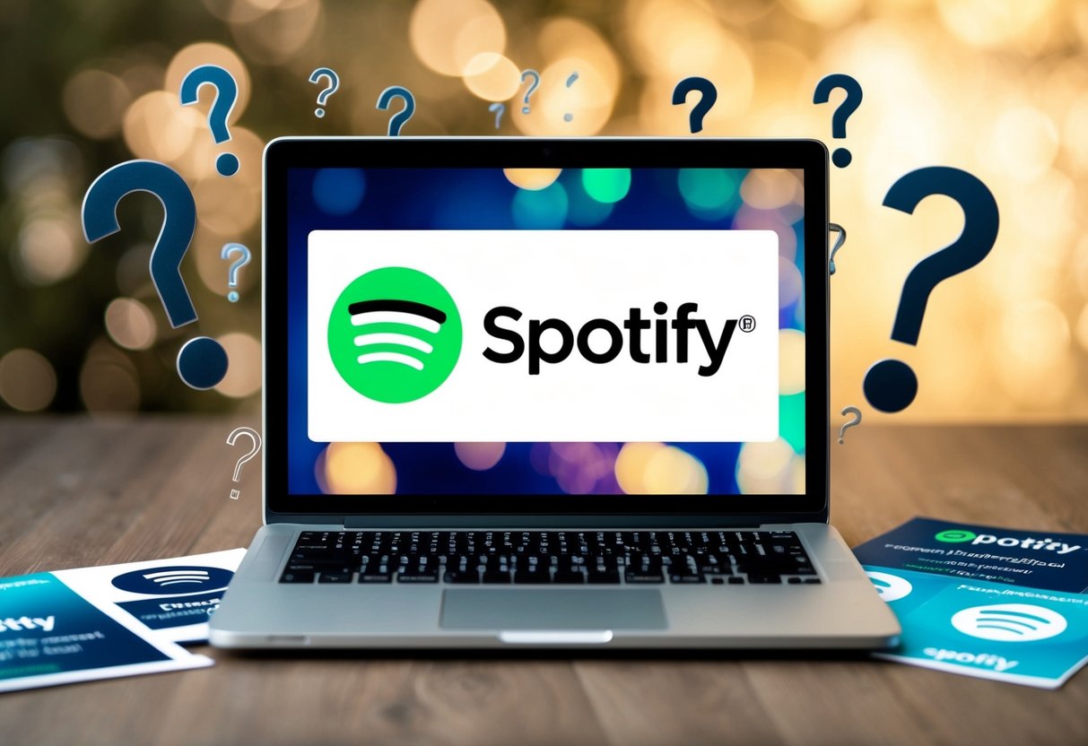 A laptop with the Spotify logo on the screen, surrounded by question marks and promotional materials