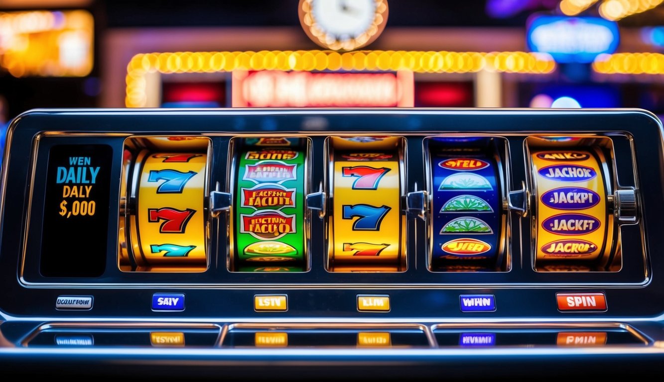 Mesin slot online berwarna-warni dengan gulungan berputar dan lampu berkedip, menampilkan jackpot harian