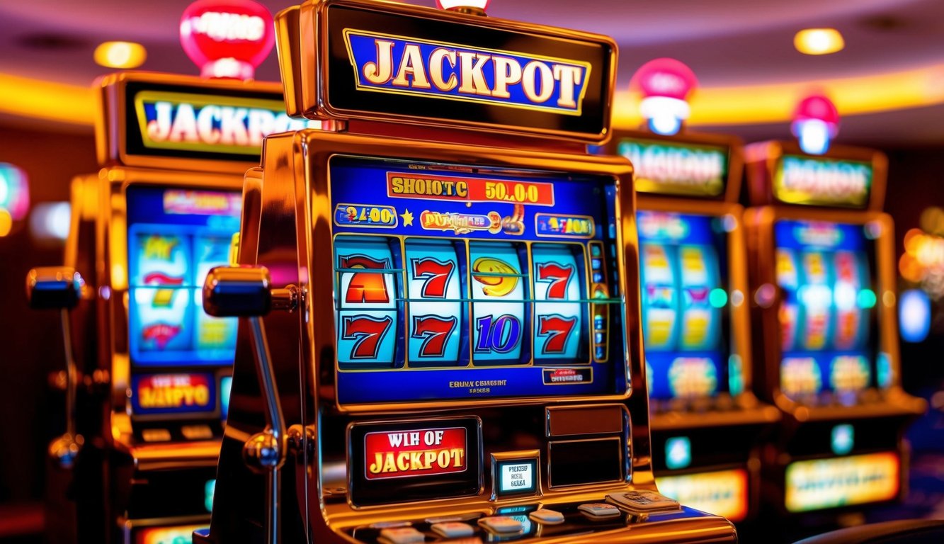 Mesin slot yang cerah dan modern dengan lampu berkedip dan tampilan jackpot besar