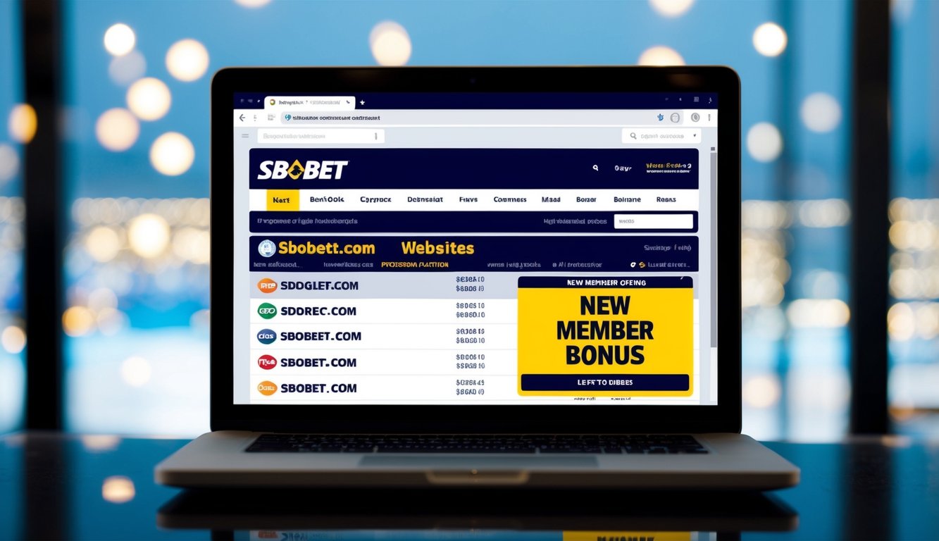 Sebuah layar komputer menampilkan daftar situs web Sbobet dengan tawaran 'bonus anggota baru' yang disorot