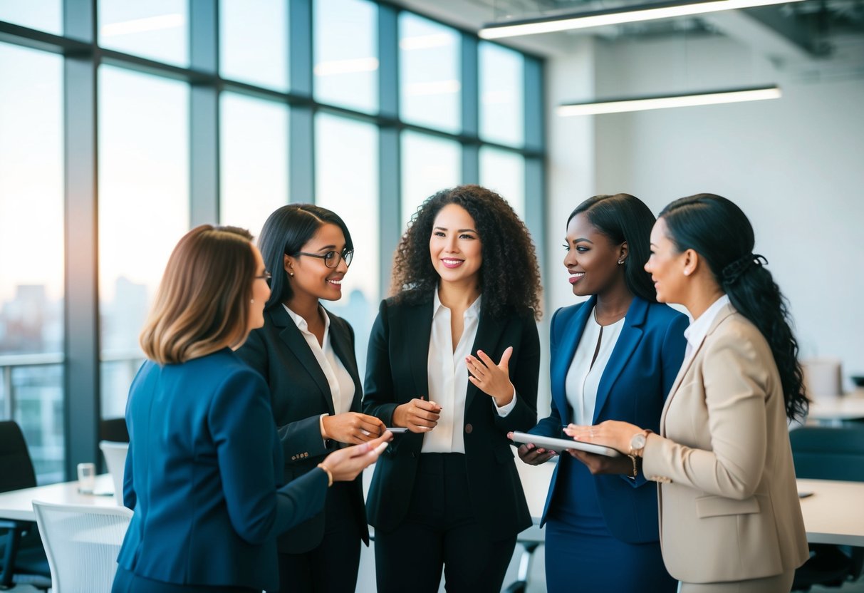 Un groupe de femmes d'affaires diverses discutant et collaborant dans un cadre de bureau moderne