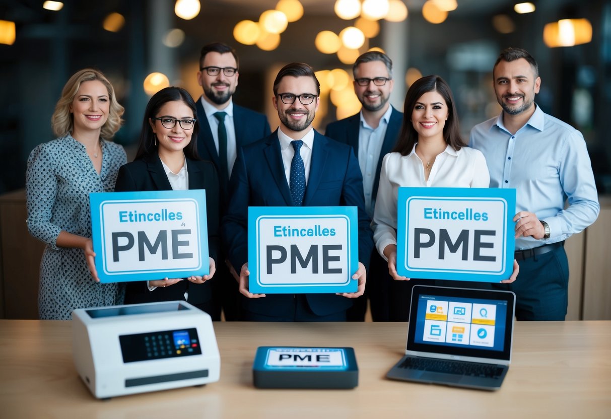 Un groupe de petites entreprises bénéficiant du programme ETIncelles PME, tandis que d'autres dispositifs de soutien sont présentés pour comparaison.