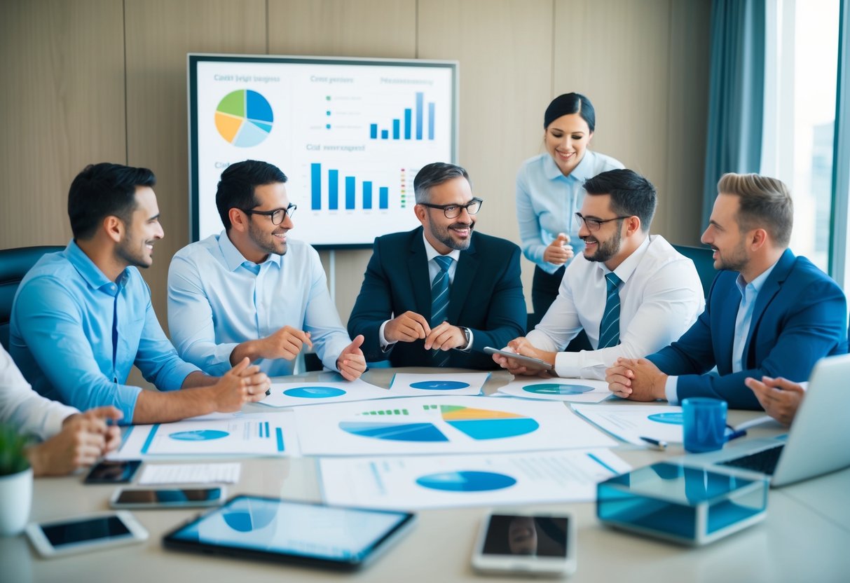 Un groupe de propriétaires de petites entreprises collabore et élabore des stratégies dans une salle de réunion, entouré de graphiques, de diagrammes et de dispositifs technologiques.