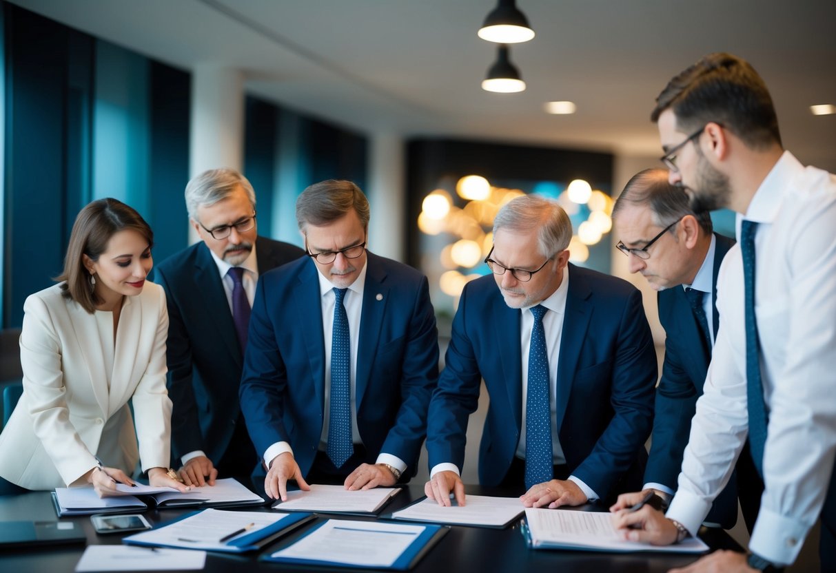 Un groupe de fonctionnaires discutant et examinant des documents relatifs aux politiques publiques et à l'administration du programme ETIncelles PME