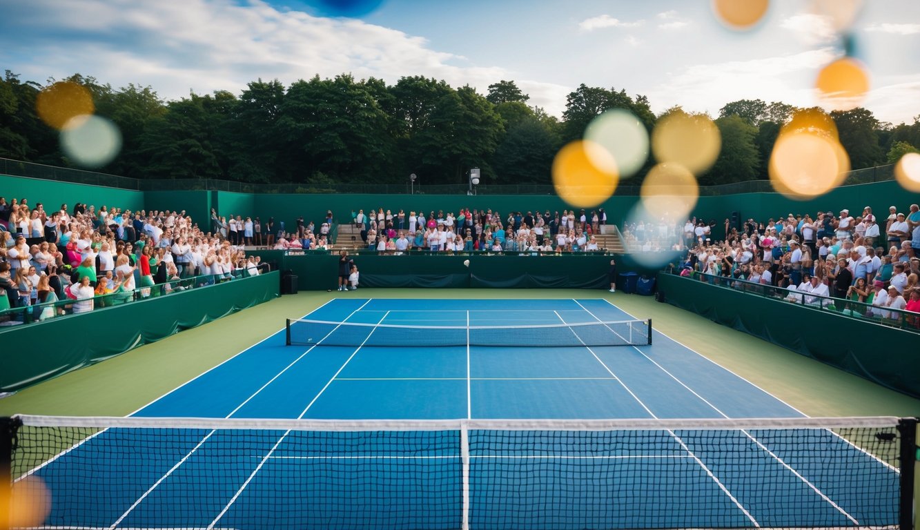 Sebuah lapangan tenis dengan net, dikelilingi oleh kerumunan penonton