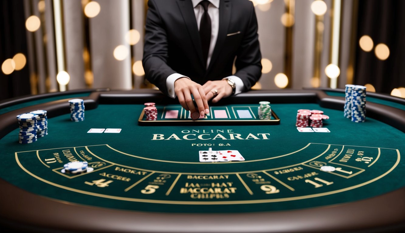 Sebuah meja baccarat online yang ramping dan modern, dikelilingi oleh kartu dan chip virtual, dengan latar belakang yang canggih dan mewah