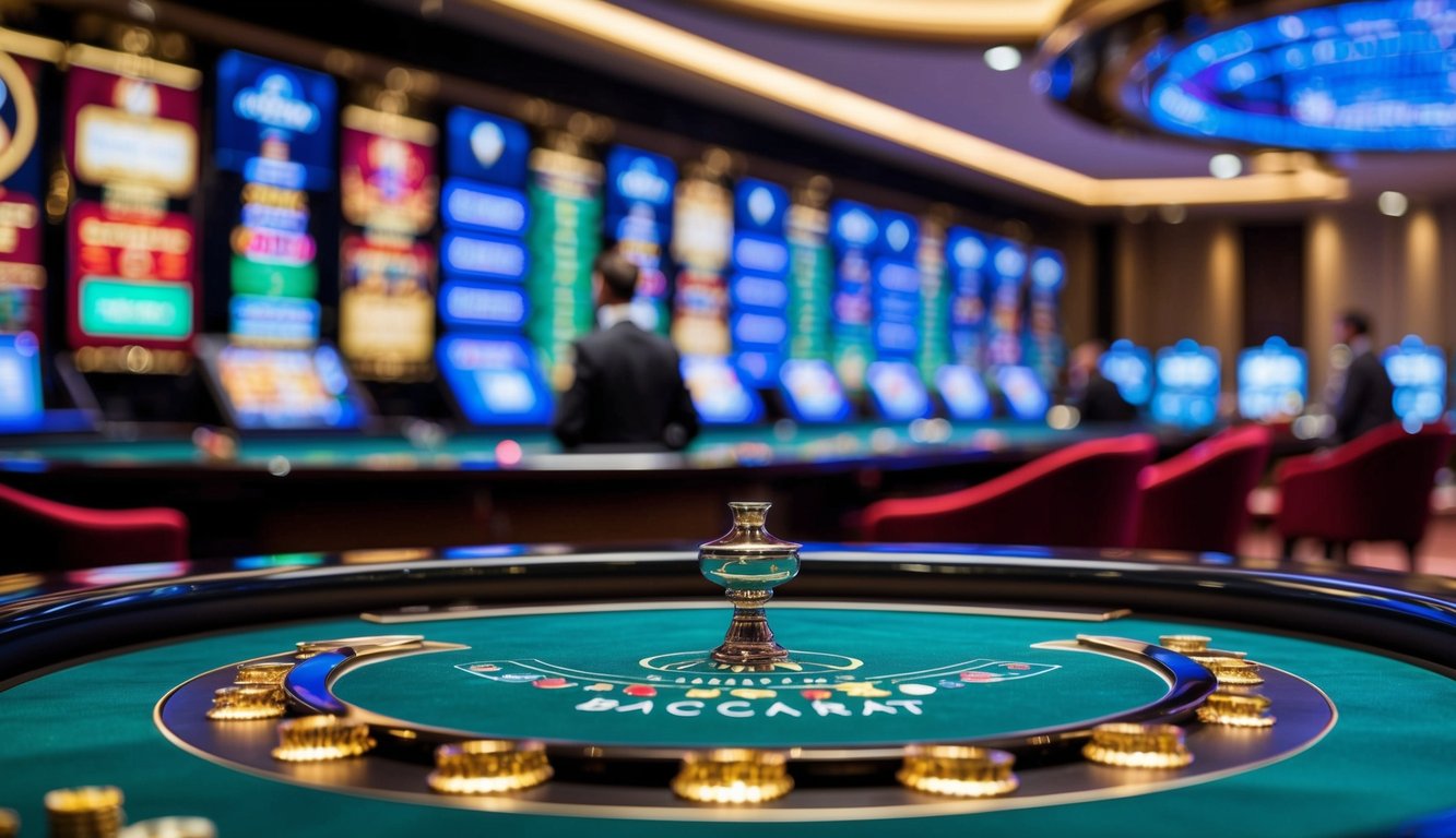 Sebuah meja baccarat yang ramping dan modern dengan tampilan digital yang cerah serta suasana yang canggih dan elegan