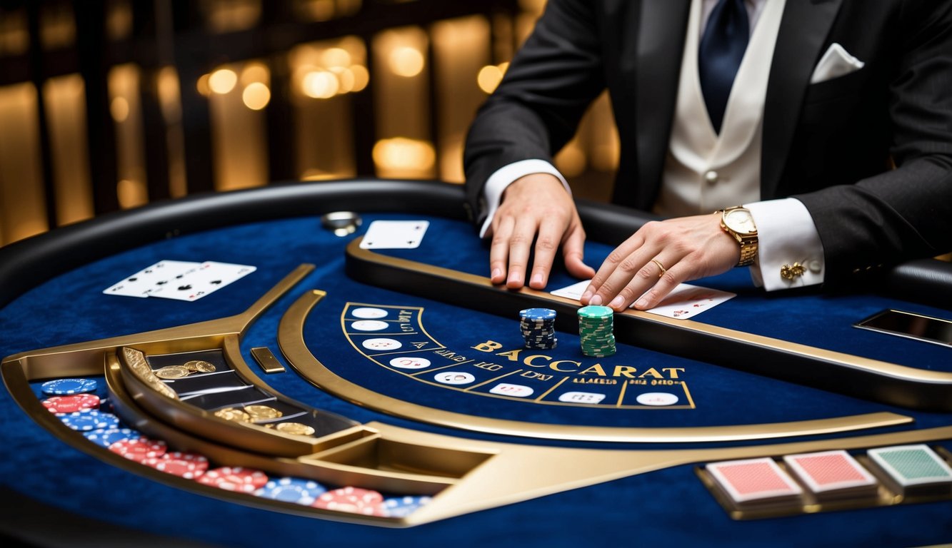 Sebuah meja baccarat yang ramping dan modern dengan chip, kartu, dan seorang dealer. Pencahayaan yang elegan dan suasana yang mewah.