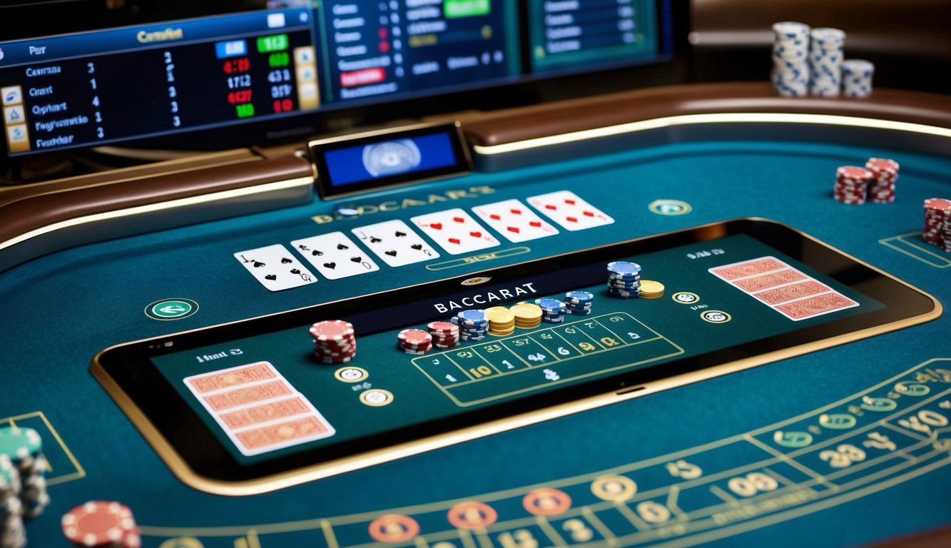 Sebuah meja baccarat yang ramping dan modern dengan kartu dan chip virtual, dikelilingi oleh antarmuka digital yang menampilkan statistik permainan dan opsi