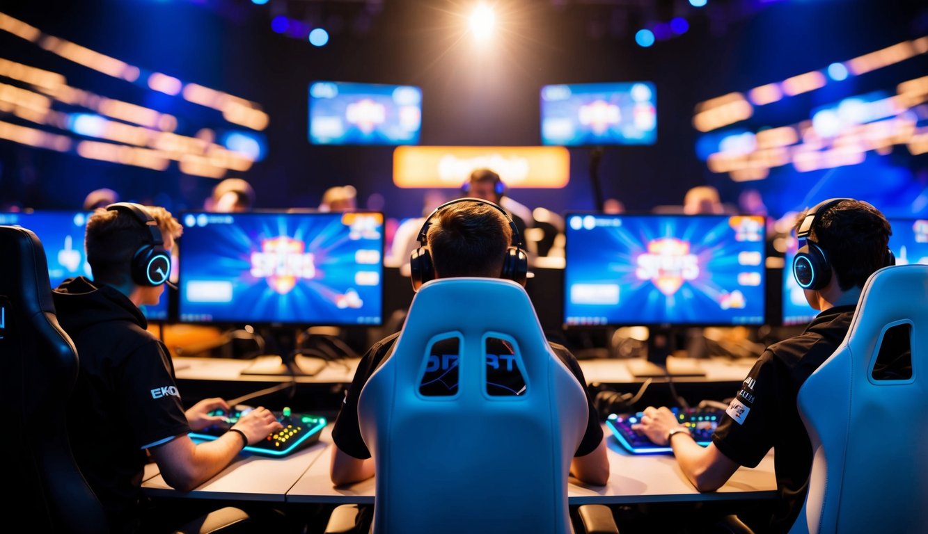 Sekelompok gamer bersaing dalam pertandingan esports yang intens secara online. Layar bersinar dengan grafik berwarna-warni saat para pemain merencanakan strategi dan bereaksi secara real-time.