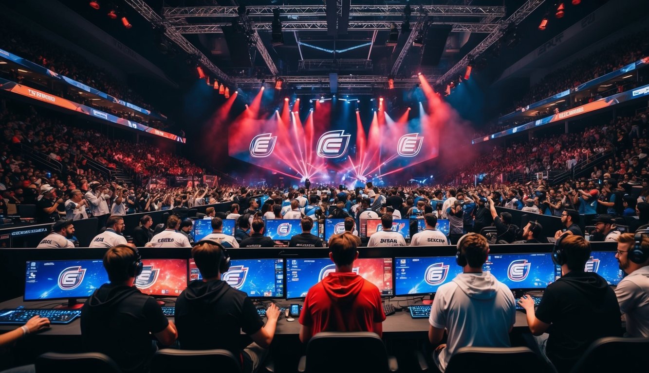 Sebuah arena esports yang ramai dengan aksi permainan yang intens dan penggemar yang bersorak