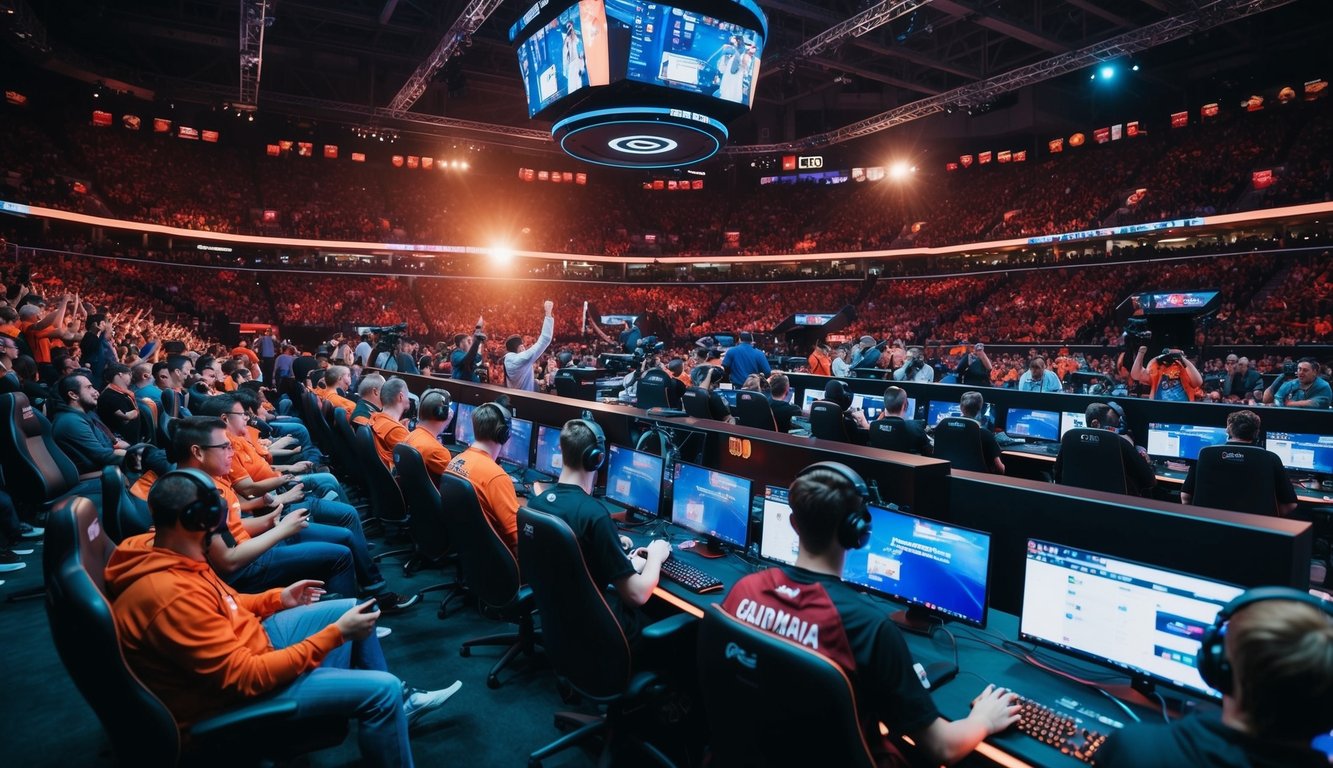 Arena taruhan esports yang ramai dengan aksi permainan yang intens dan penggemar yang bersorak