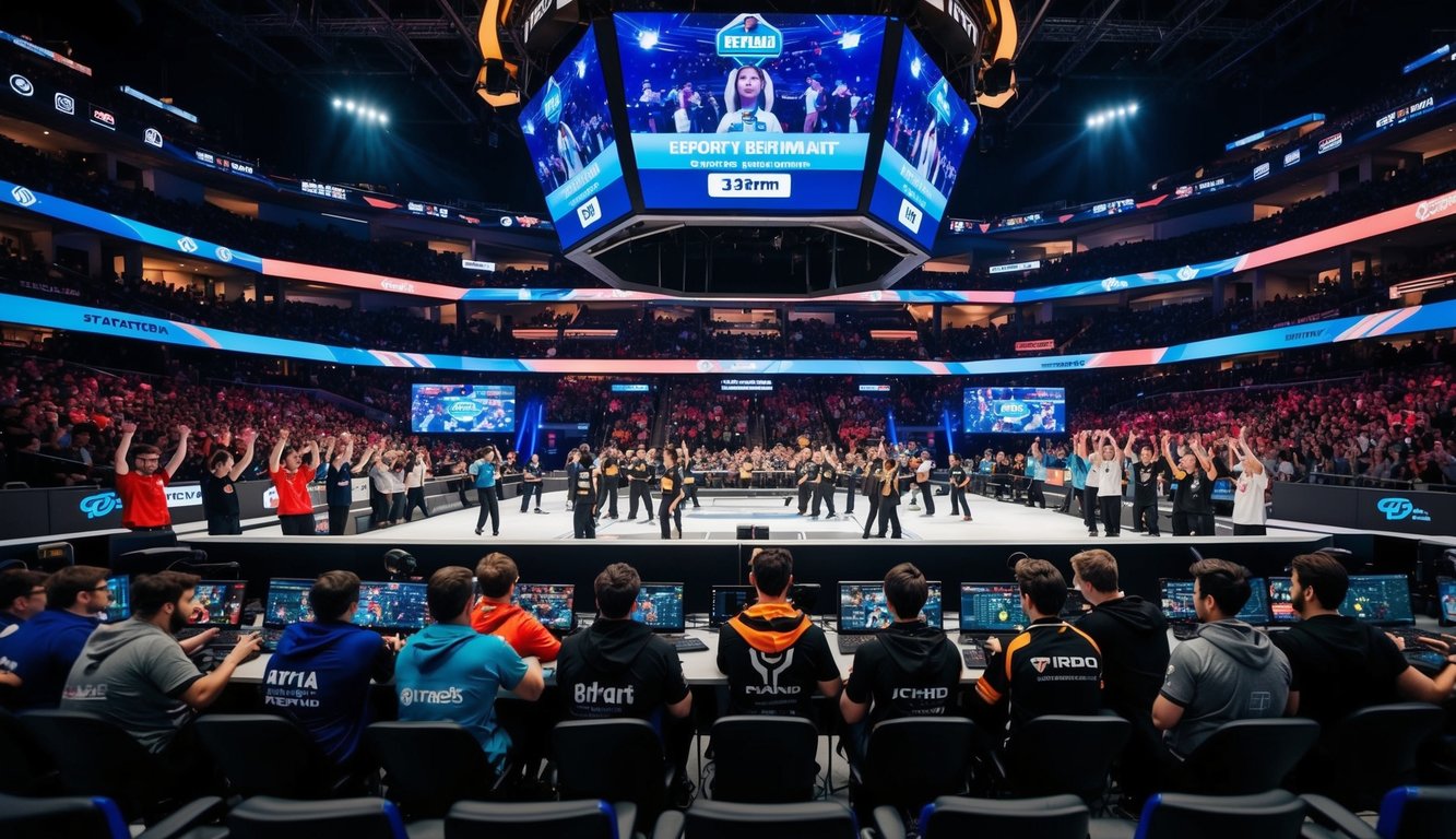 Sebuah arena yang ramai dengan layar digital, penggemar yang bersorak, dan pemain yang berkompetisi dalam turnamen esports berisiko tinggi di platform taruhan.