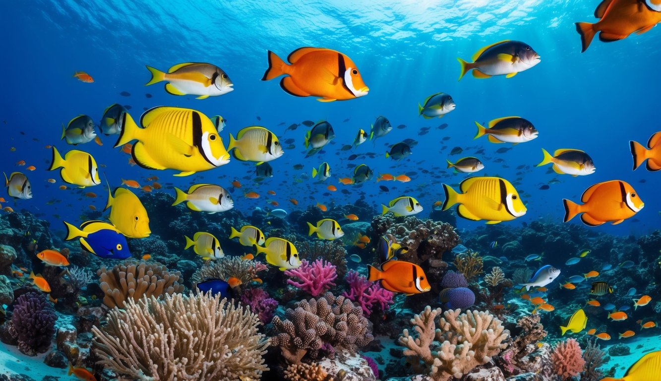 Sebuah dunia bawah laut yang ramai dengan ikan berwarna-warni dan makhluk akuatik yang berenang di sekitar terumbu karang yang cerah