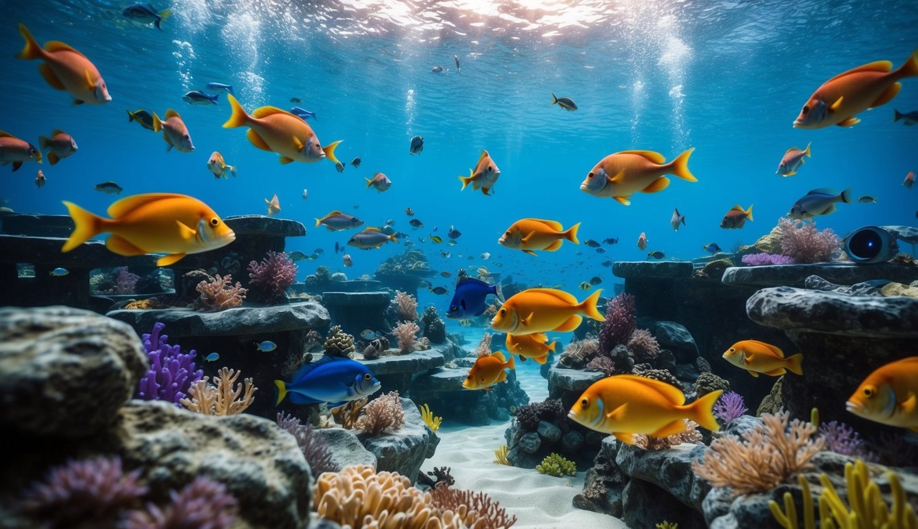 Dunia bawah laut yang ramai dengan ikan berwarna-warni dan elemen permainan tembak-menembak