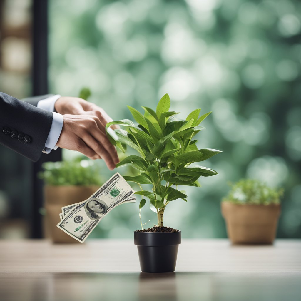 A businessperson watering a potted plant with money on one side and organic materials on the other