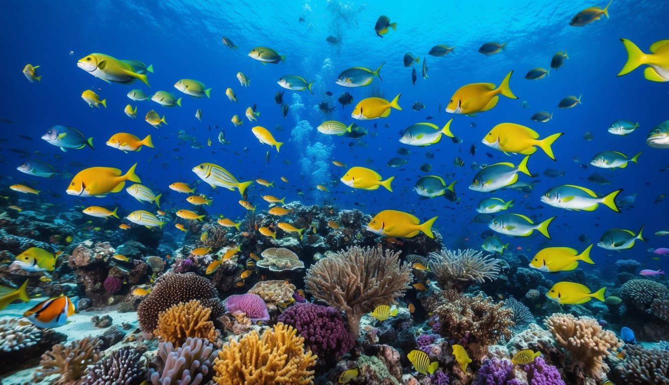 Sebuah dunia bawah laut yang ramai dengan ikan berwarna-warni, terumbu karang, dan berbagai makhluk laut, dengan suasana kegembiraan dan persaingan di udara.