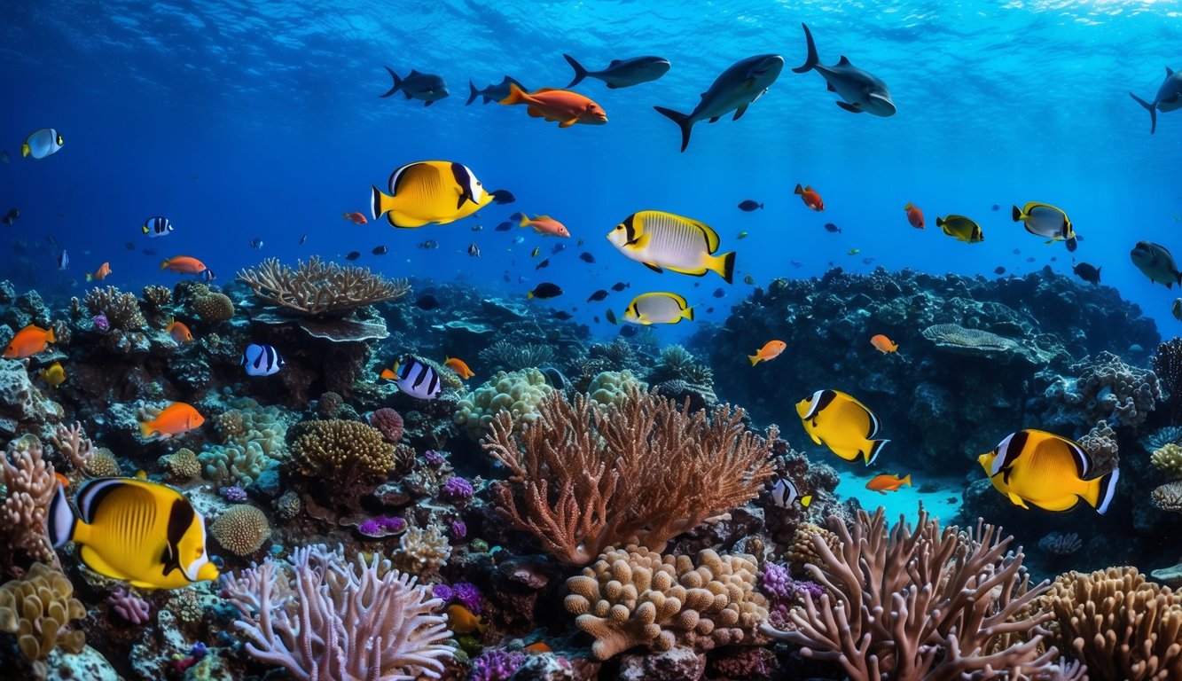 Dunia bawah laut yang berwarna-warni dengan berbagai makhluk laut yang berenang di sekitar terumbu karang yang cerah