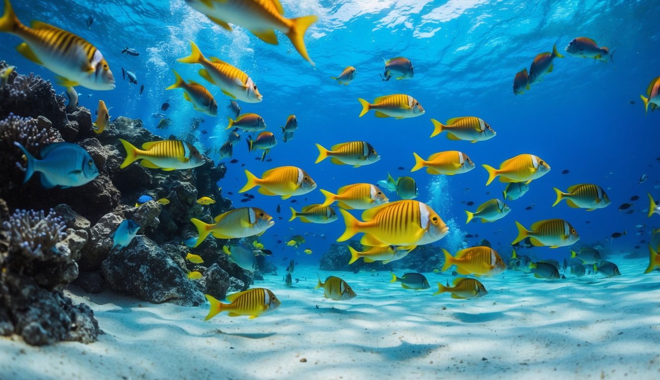 Dunia bawah laut yang hidup dengan ikan berwarna-warni yang berenang dan bergerak cepat, dengan suara percikan air dan kegembiraan berburu