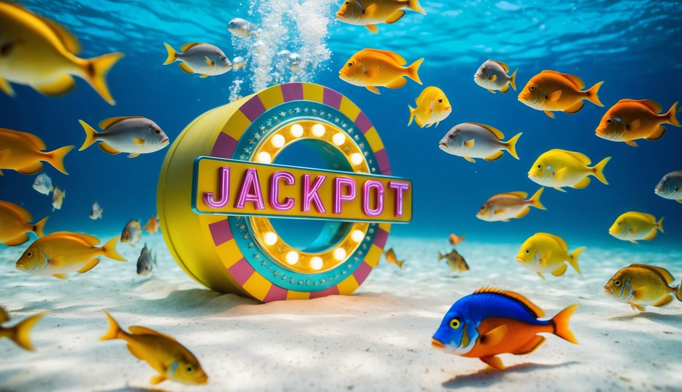 Sebuah pemandangan bawah laut yang berwarna-warni dengan berbagai ikan yang berenang di sekitar hadiah jackpot besar yang bersinar