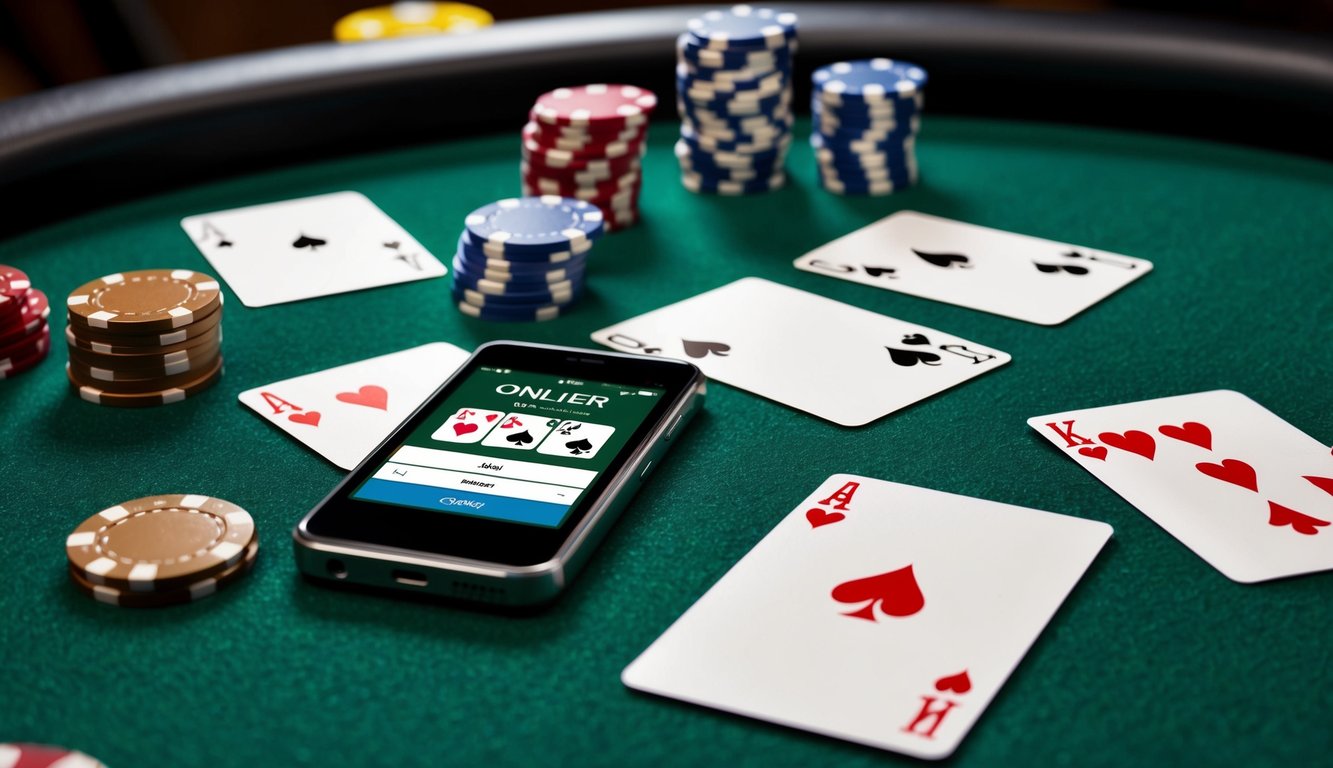 Sekelompok kartu bermain berwarna-warni tersebar di atas meja felt hijau, dengan chip poker dan perangkat digital ramping yang menampilkan situs web poker online