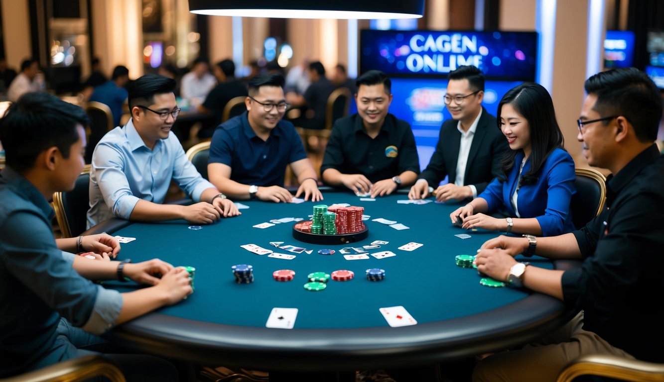 Sekelompok orang duduk di sekitar meja, bermain Agen Ceme Online, dengan kartu dan chip poker tersebar di permukaan.